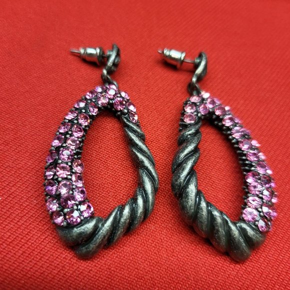 Drop Dangle Earring Pewter Silver with Pink Rhinestones - Picture 7 of 12